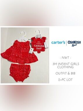🆕OSHKOSH - 3M - NWT - INFANT GIRLS 2PC RED FLYAWAY TANK AND BLOOMER SET & BIB